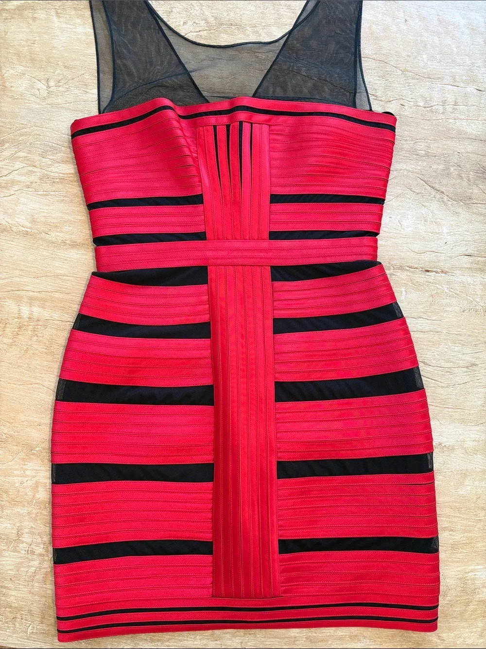 BCBGMaxAzria Red and Black Mesh Bandage Bodycon Dress Size 2